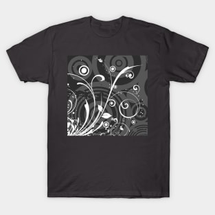 Grey White Floral Art T-Shirt